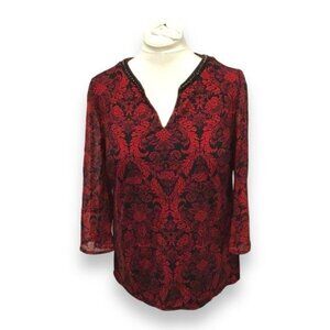 Roz & Ali Women’s Long Sleeve Split Neck Beaded Collar, Red, size L